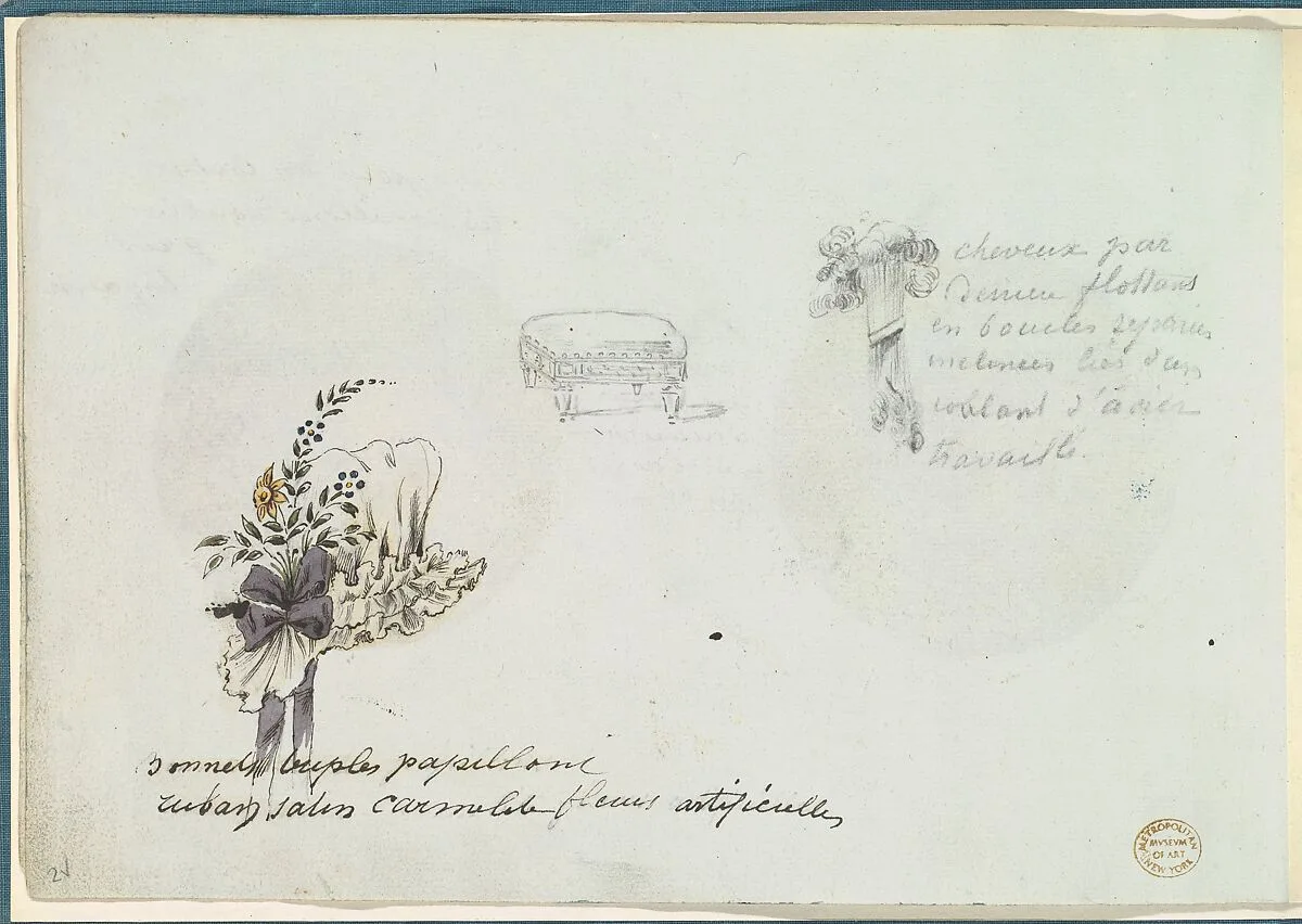 Sketches for a Bonnet and Accessories — Anonymous, French, 18th century|Antoine Caire-Morand|Anonymous, French, 19th century
