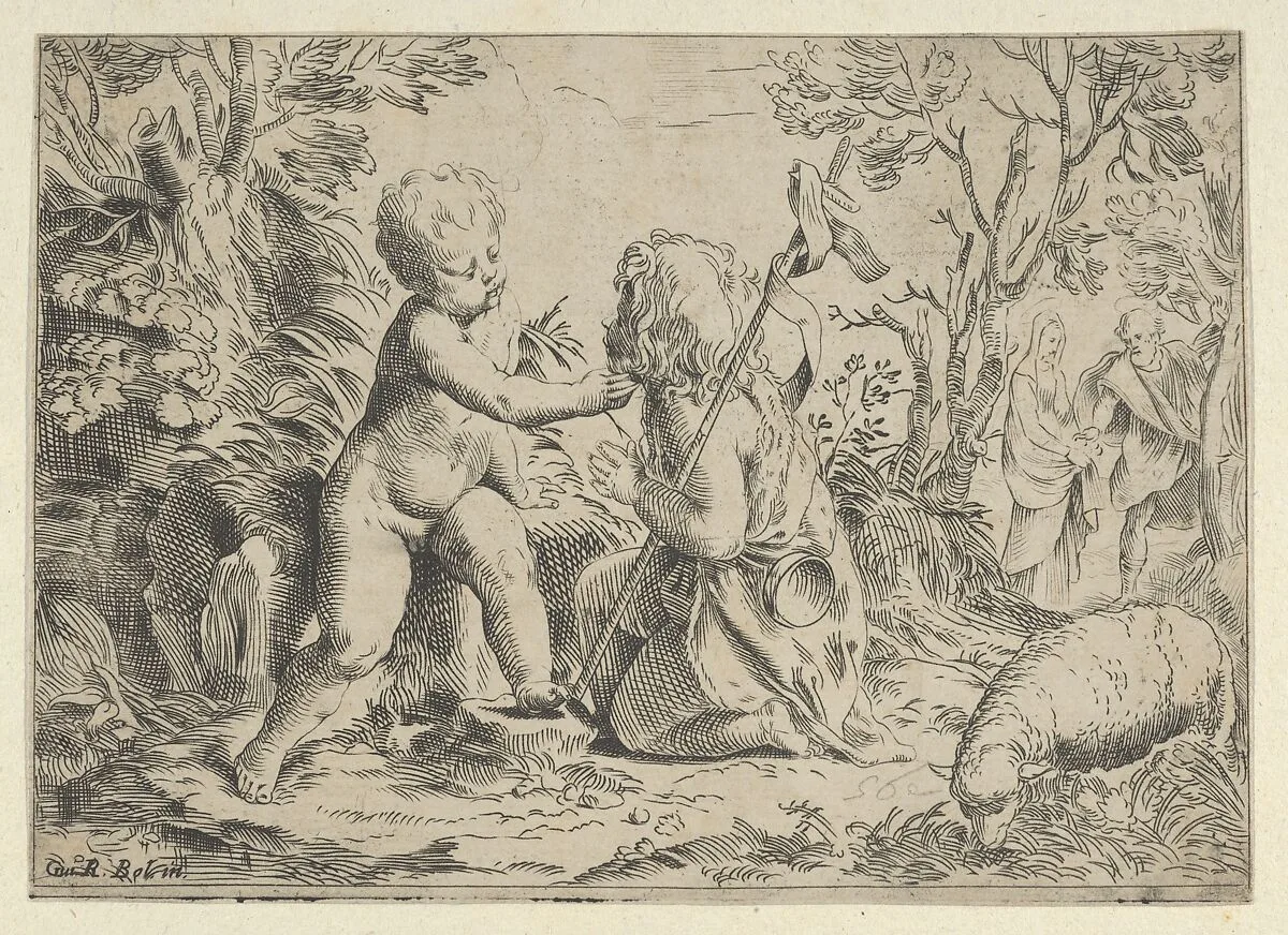 Young Saint John the Baptist kneeling before the infant Christ who caresses his face, the Virgin and Joseph in the background at right, after Reni — Guido Reni|Anonymous, 17th century