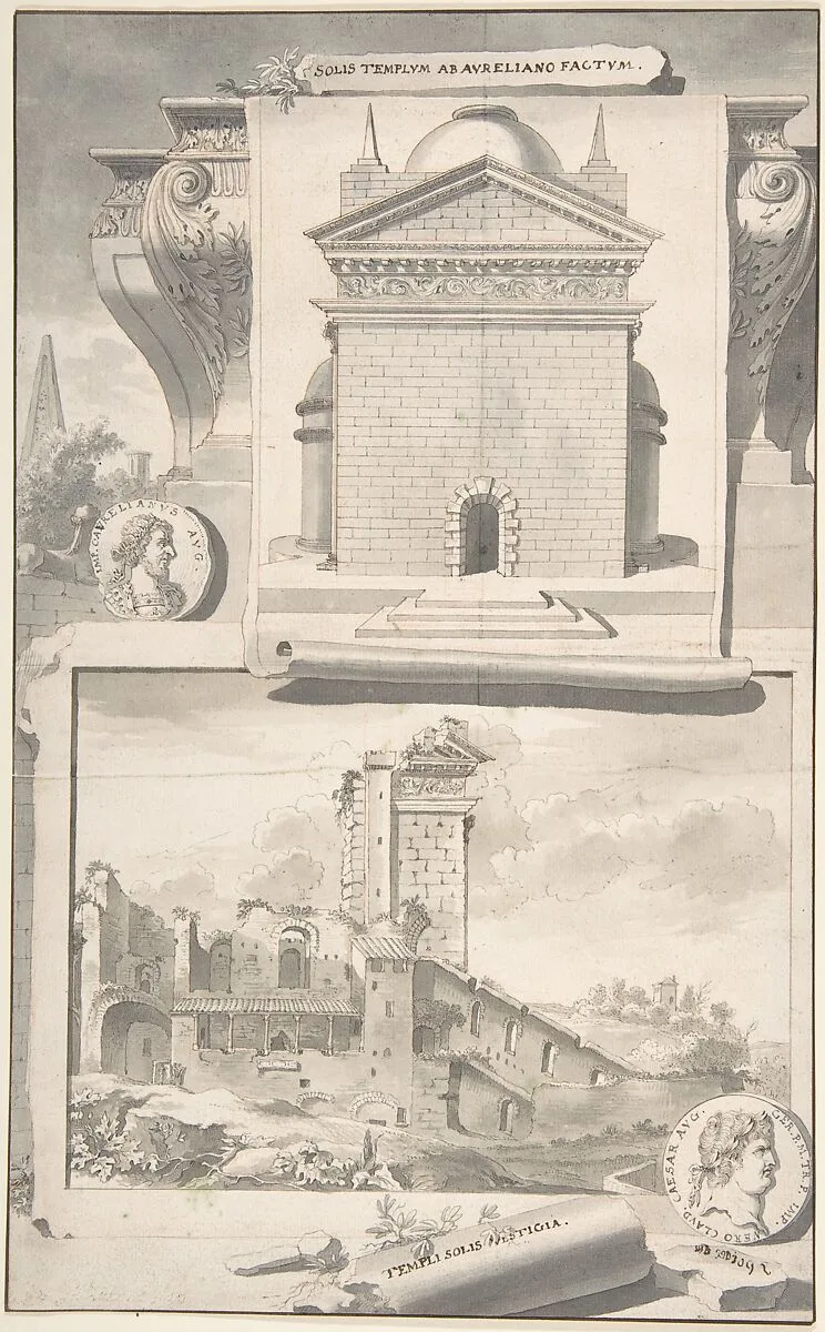 A Reconstruction of the Aurelian Temple of the Sun (above) and a View of the Ruins (below) — Jan Goeree