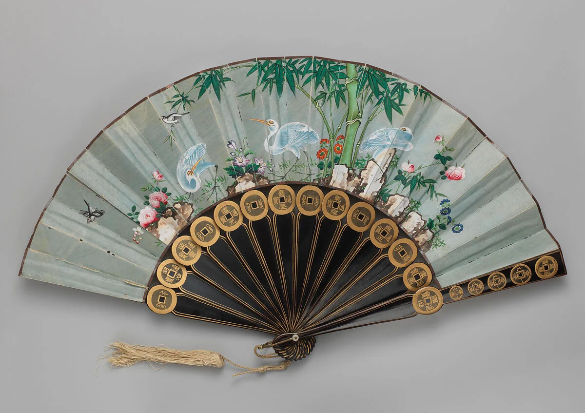 Folding Fan with Scene of Cranes, Bamboo, and Flowers — Unknown