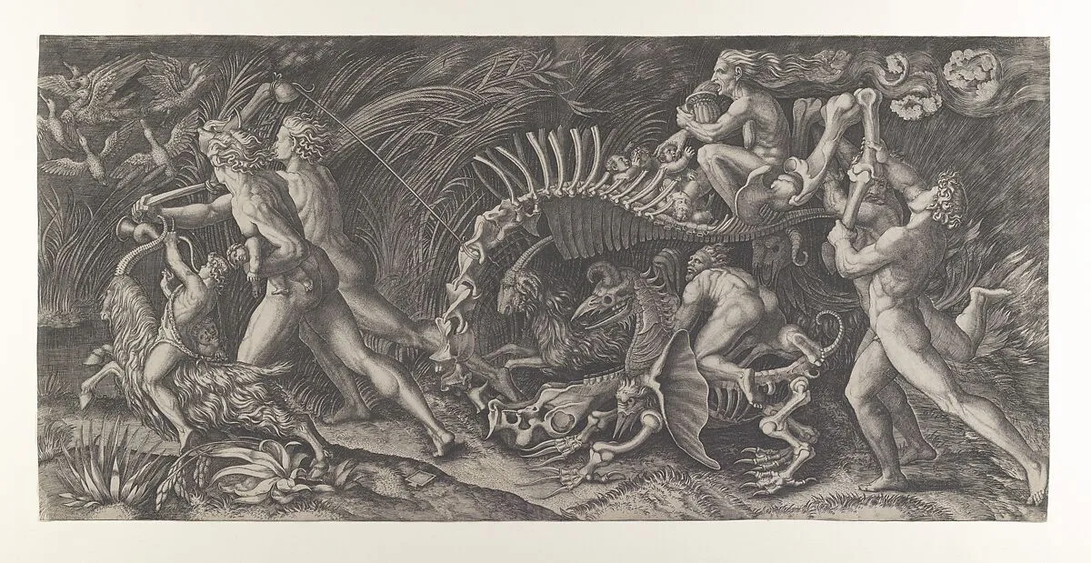 Lo Stregozzo: a female witch riding on an animal skeleton, preceded by two men and a boy on a goat blowing on a horn, another naked man behind carrying two bones — Agostino Veneziano (Agostino dei Musi)