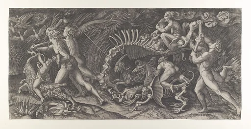 Lo Stregozzo: a female witch riding on an animal skeleton, preceded by two men and a boy on a goat blowing on a horn, another naked man behind carrying two bones