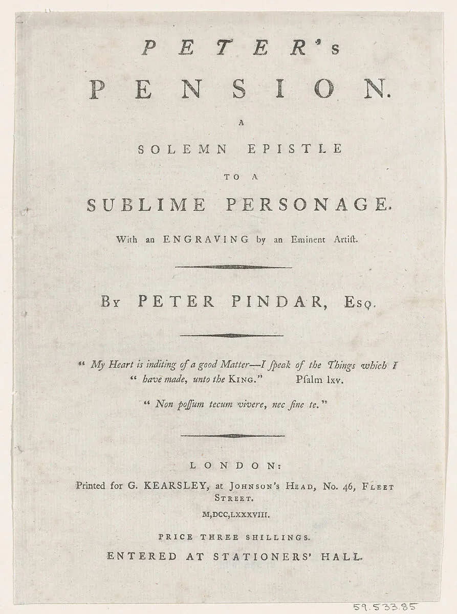 Title page, from Peter's Pension by Peter Pindar, Esq. — George Kearsley