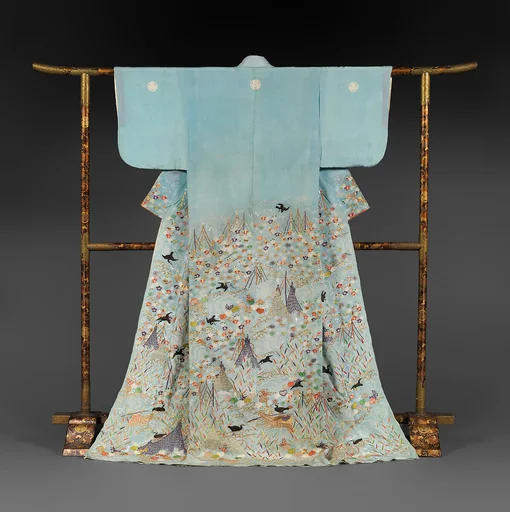 浅葱絹縮地葵桜水辺に鵜飼い模様単衣|Summer Robe (Hito-e) with Cormorant-Fishing Scene