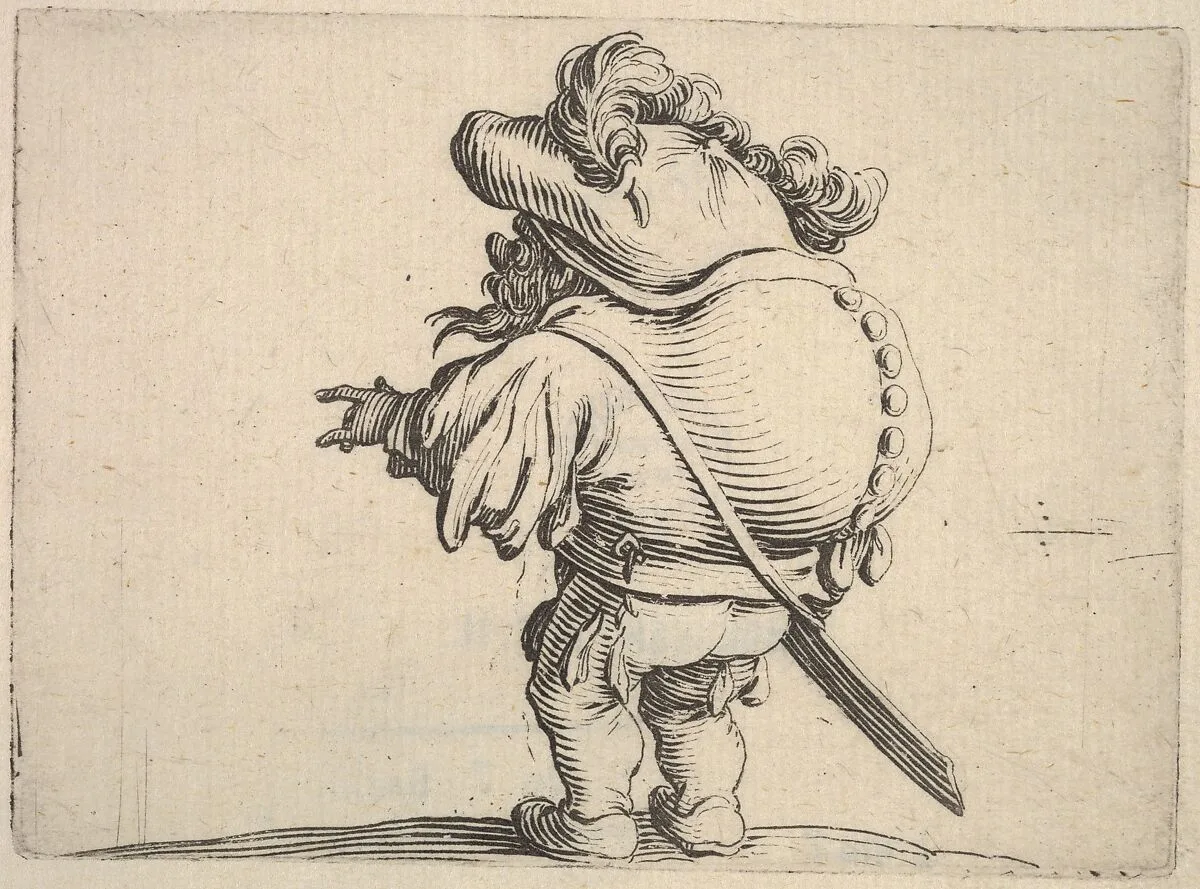 Small male figure with outstreched left hand, seen from the back, which bulges, from the series 'Varie figure gobbi' — Jacques Callot
