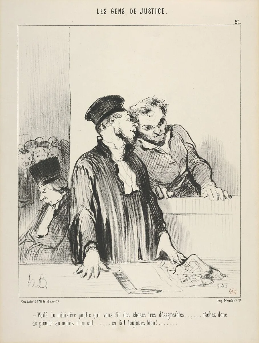 Le Gens de Justice, Plate 21, "Voila le ministere public qui vous dit des choses tres desagreeables" — Honoré Daumier