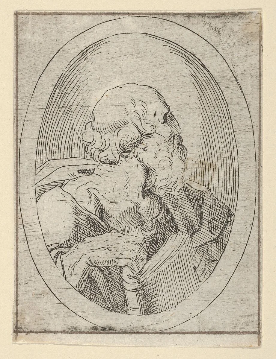 An apostle seen in profile facing right, holding an open book, in an oval frame, from Christ, the Virgin, and Thirteen Apostles — Anonymous, 17th century|Guido Reni
