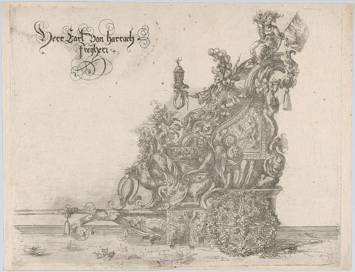 Procession, with a male and female figure seated on a float — Anonymous, German, 16th century