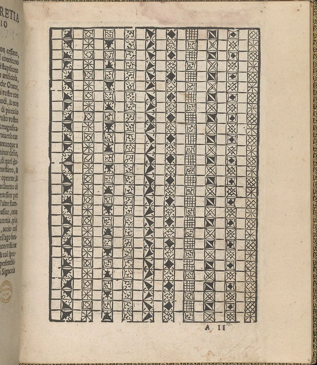 Giardineto novo di punti tagliati et gropposi per exercitio & ornamento delle donne (Venice 1554), page 2 (recto) — Lloyd, Wallis & Lloyd|Matteo Pagano