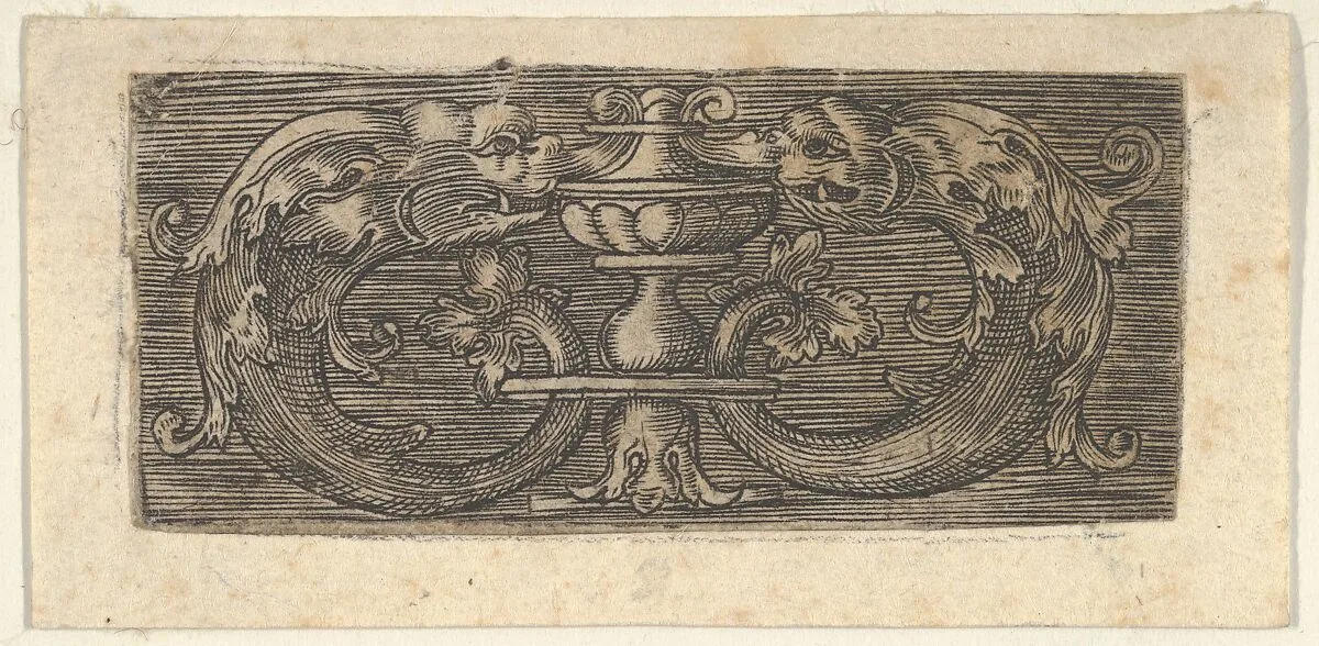 Copy of a Panel with Two Dolphins Facing a Vessel at Center — Jacob Binck