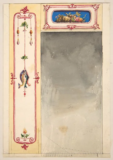 Design for panels framing a mirror decorated with scrolls and clusters of fish and vegetables