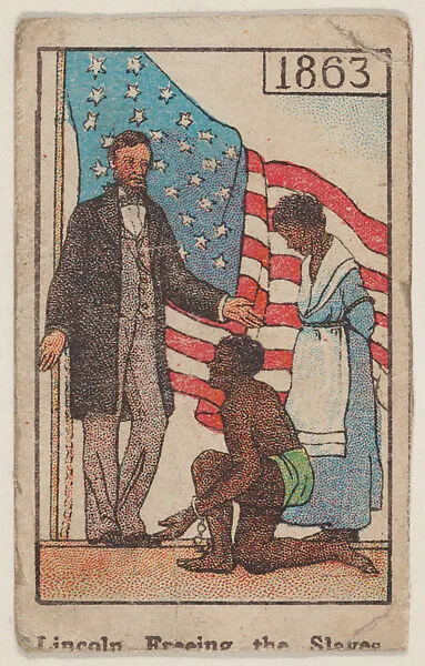 Lincoln Freeing the Slaves 1863 trade card (W500) — Mayfair Novelty Co.|Abraham Lincoln