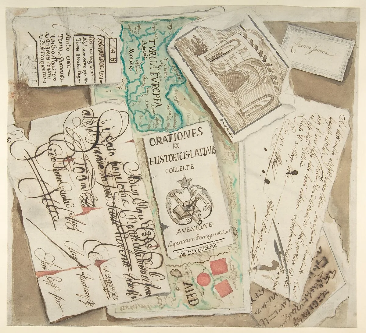 Trompe l'Oeil Design Including Bills, Calling Cards, an Etching, a Map etc. — Giovanni Larciani ("Master of the Kress Landscapes")