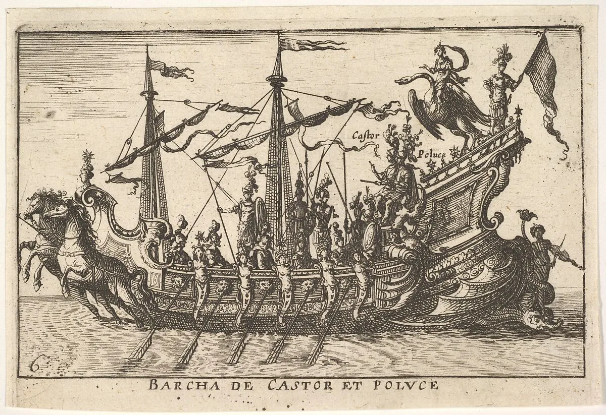 Plate 6: Ship of Castor and Pollux (Barcha de Castor et Poluce), from the series 'The magnificent pageant on the river Arno in Florence for the marriage of the Grand Duke' (Le Magnifique carousel fait sur le fleuve de l'Arne a Florence, pour le mariage du Grand Duc), for the wedding celebration of Cosimo de' Medici in Florence, 1608 — Giulio Parigi|Anonymous|Remigio Cantagallina|Jean Sauvé