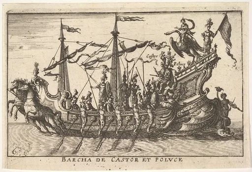 Plate 6: Ship of Castor and Pollux (Barcha de Castor et Poluce), from the series 'The magnificent pageant on the river Arno in Florence for the marriage of the Grand Duke' (Le Magnifique carousel fait sur le fleuve de l'Arne a Florence, pour le mariage du Grand Duc), for the wedding celebration of Cosimo de' Medici in Florence, 1608