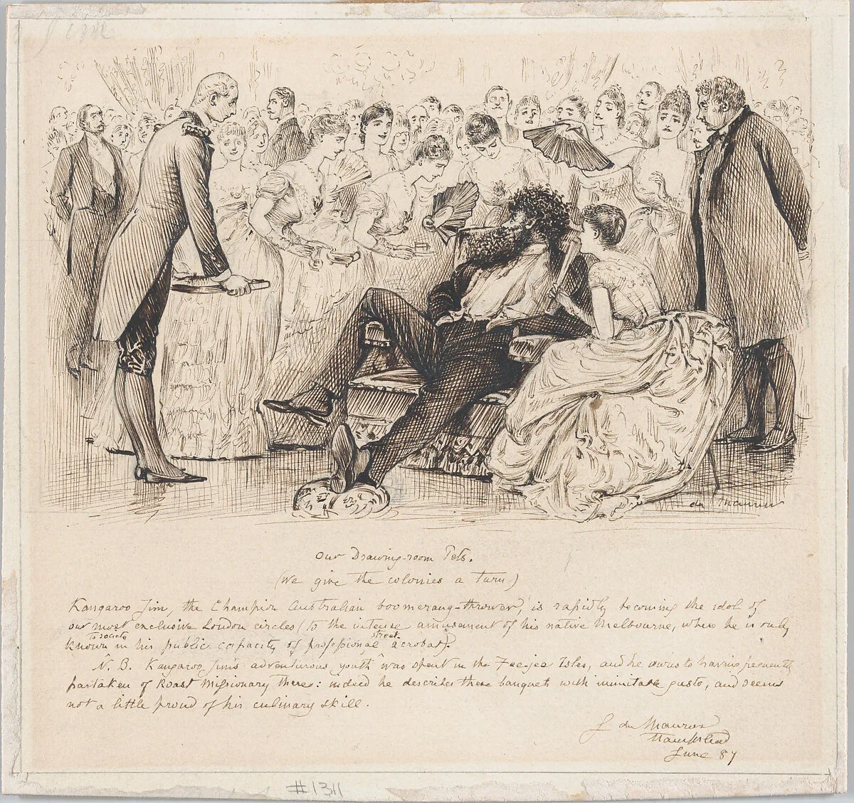 Our Drawing-room Pets–with "Kangaroo Jim, the Champion Australian boomerang-thrower," for "Punch," July 2, 1887 — George Du Maurier