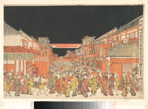 川豊春画 「浮絵境町葺屋町顔見世夜芝居之図」|Perspective Print (Uki-e) of the Theaters in Sakaichō and Fukiyachō on Opening Night