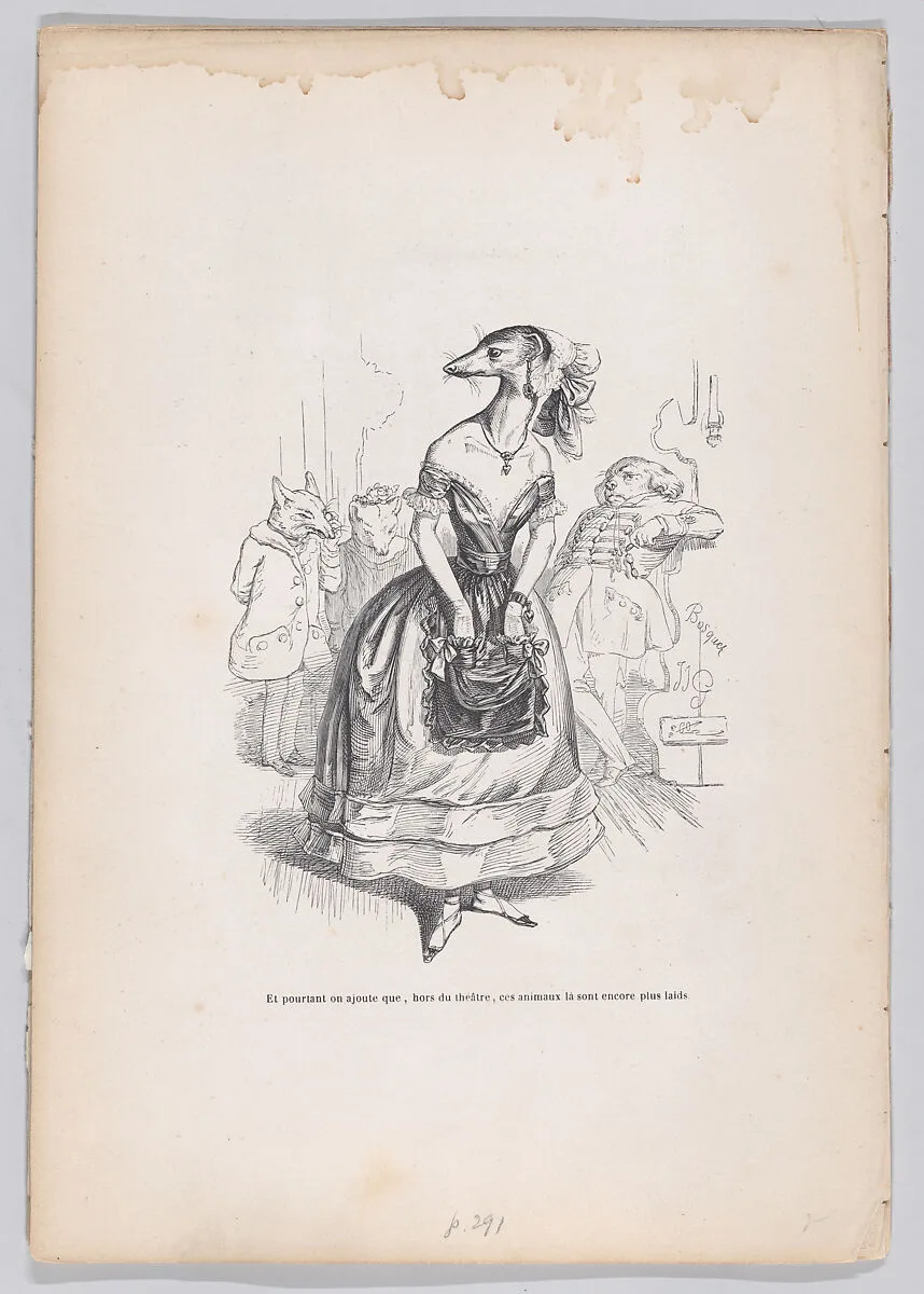"And yet we add that, outside the theater, these animals are even more ugly" from Scenes from the Private and Public Life of Animals — Honoré de Balzac|Pierre François Godard|J. J. Grandville