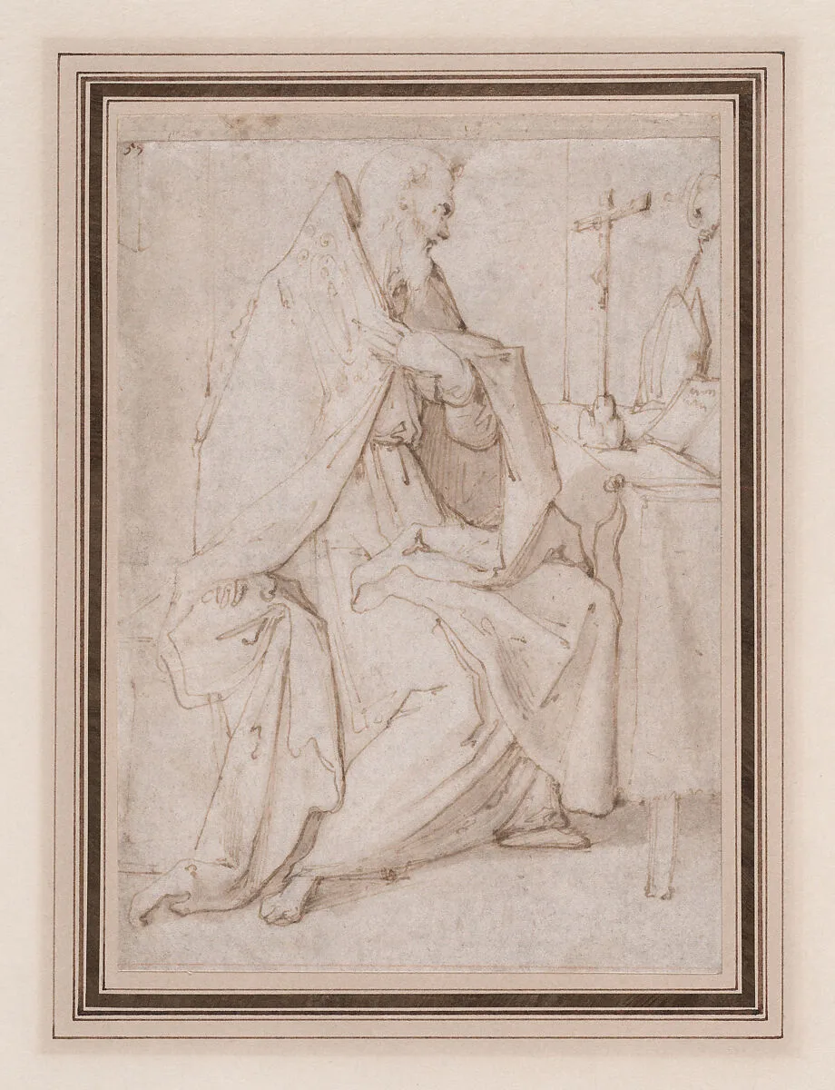 (recto) Seated Bishop Saint Praying Before a Crucifix; (verso) the cropped figure of a youth seen in frontal view (somewhat damaged). — Anonymous, Spanish, late 16th–early 17th century