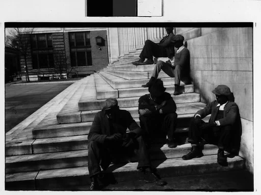 [Three 35mm Film Frames: Men Seated on Steps of Public Building, Southeastern U.S.]