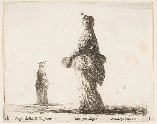 A noblewoman walking towards the left with a feathered fan, another woman in background to left, plate 18 from "Diversi capricci"