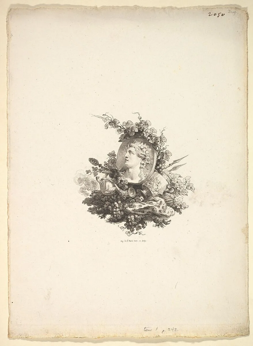 Vignette with the Head of Bacchus on a Cornelian, Tome I, Page 242, from Description des Principales Pierres gravées du Cabinet de S.A.S. Monseigneur le Duc d'Orléans Premier Prince du sang. A Paris chez M. l'abbé de la Chau au Palais-Royal M. l'abbé Le Blond au collége Mazarin Et chez Pissot, libraire, quai des Augustins — Augustin de Saint-Aubin|Pissot|L'Abbé La Chau|L'Abbé Le Blond