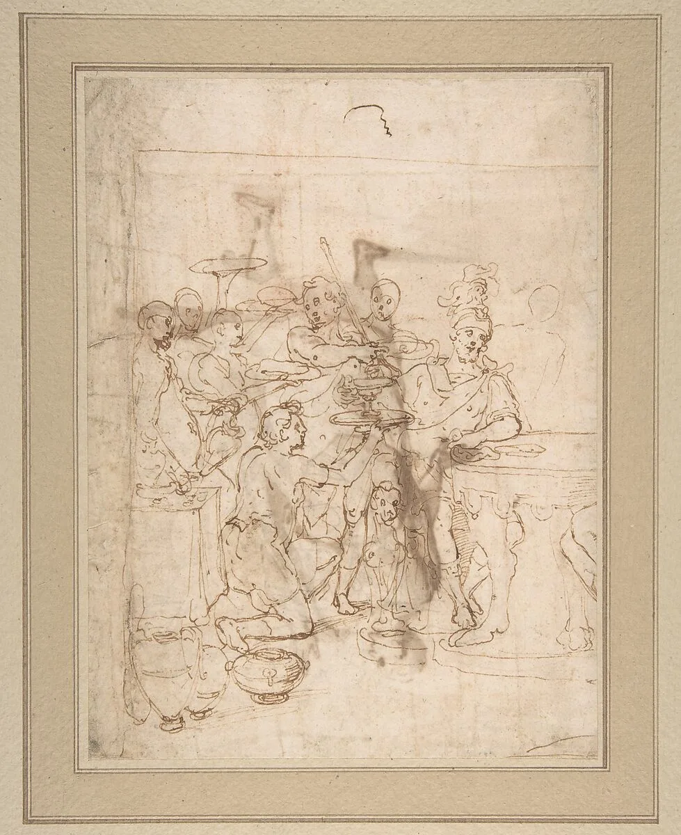 Banquet Scene: A Seated Warrior Attended by a Number of Servants (recto); Back View of a Standing Man in a Long Cloak (verso) — Cesare Nebbia