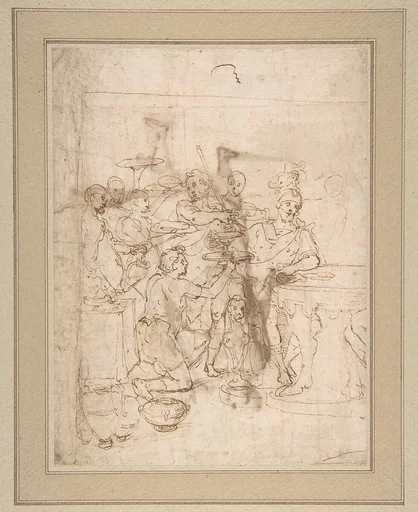 Banquet Scene: A Seated Warrior Attended by a Number of Servants (recto); Back View of a Standing Man in a Long Cloak (verso)