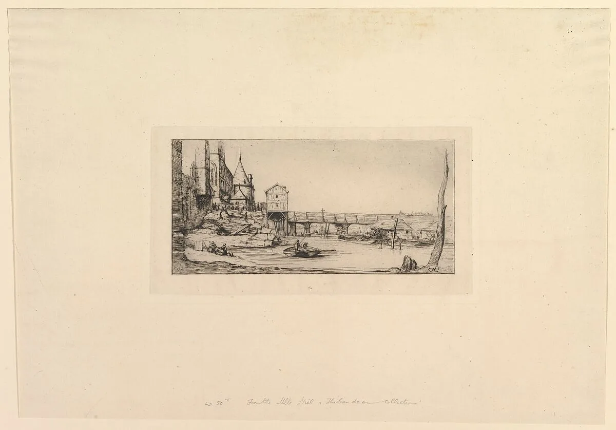 Passerelle du Pont-au-Change, après l'incendie de 1621 (The Footbridge temporarily replacing the Pont-au-Change, Paris, after the fire of 1621, after Della Bella) — Charles Meryon|Stefano della Bella