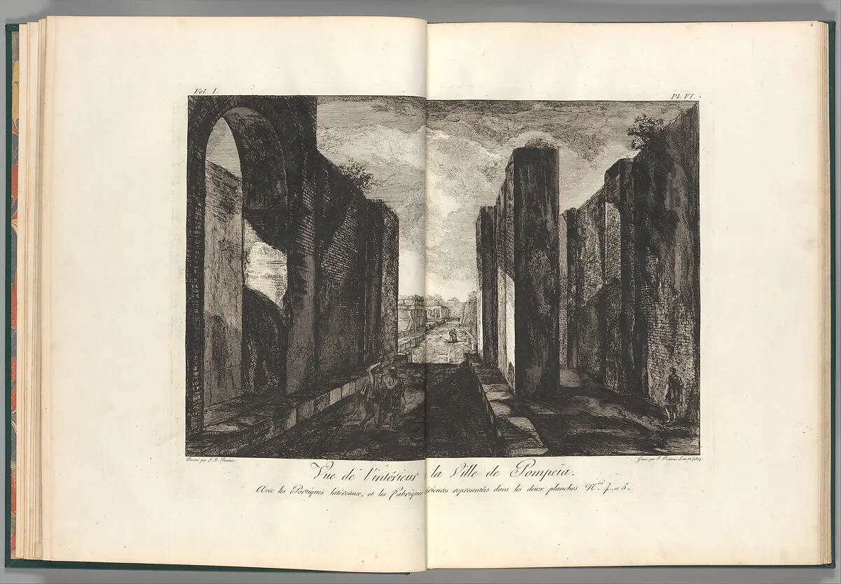 View of the interior of the city of Pompeii, from "Antiquités de Pompeïa, tome premier, Antiquités de la Grande Grèce..." (Antiquities of Pompeii, volume one, Antiquities of Great Greece...), volume 1, plate 6 — Francesco Piranesi|Giovanni Battista Piranesi