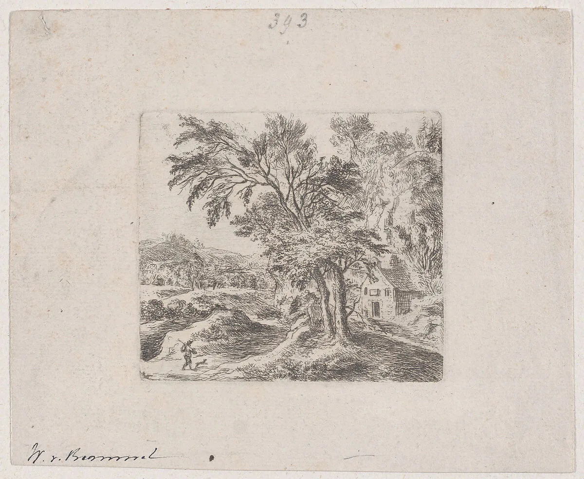 Landscape with a man and a dog at lower left, two trees and a house at right, hills in far distance — Wilhelm von Bemmel|Bartholomaeus Ignaz Weiss