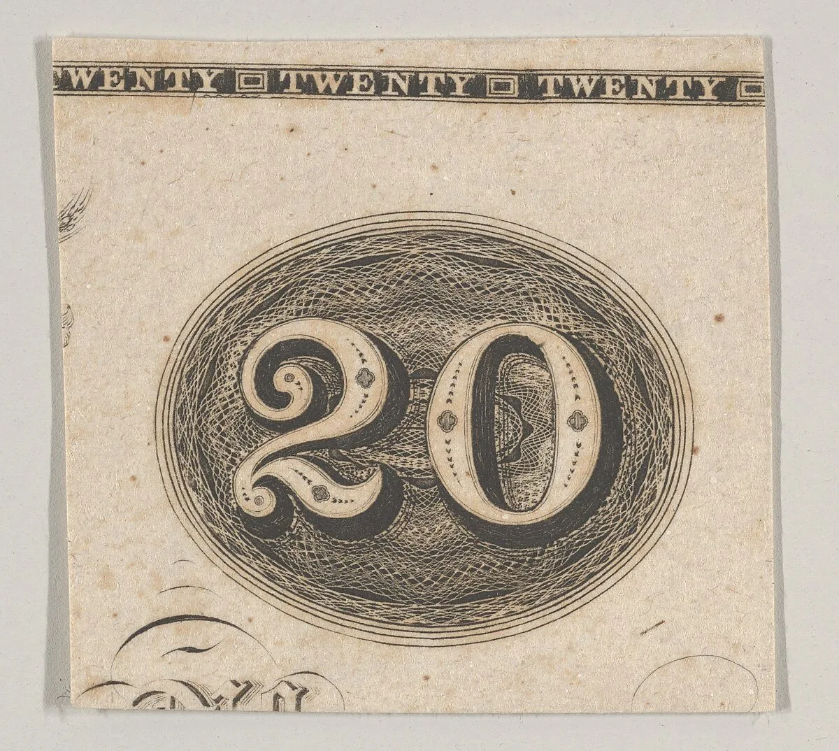 Banknote motif: the number 20 against an ornamental lathe work oval resembling woven rope — A. B. & C. Durand & Company|Durand, Perkins, and Company|Cyrus Durand