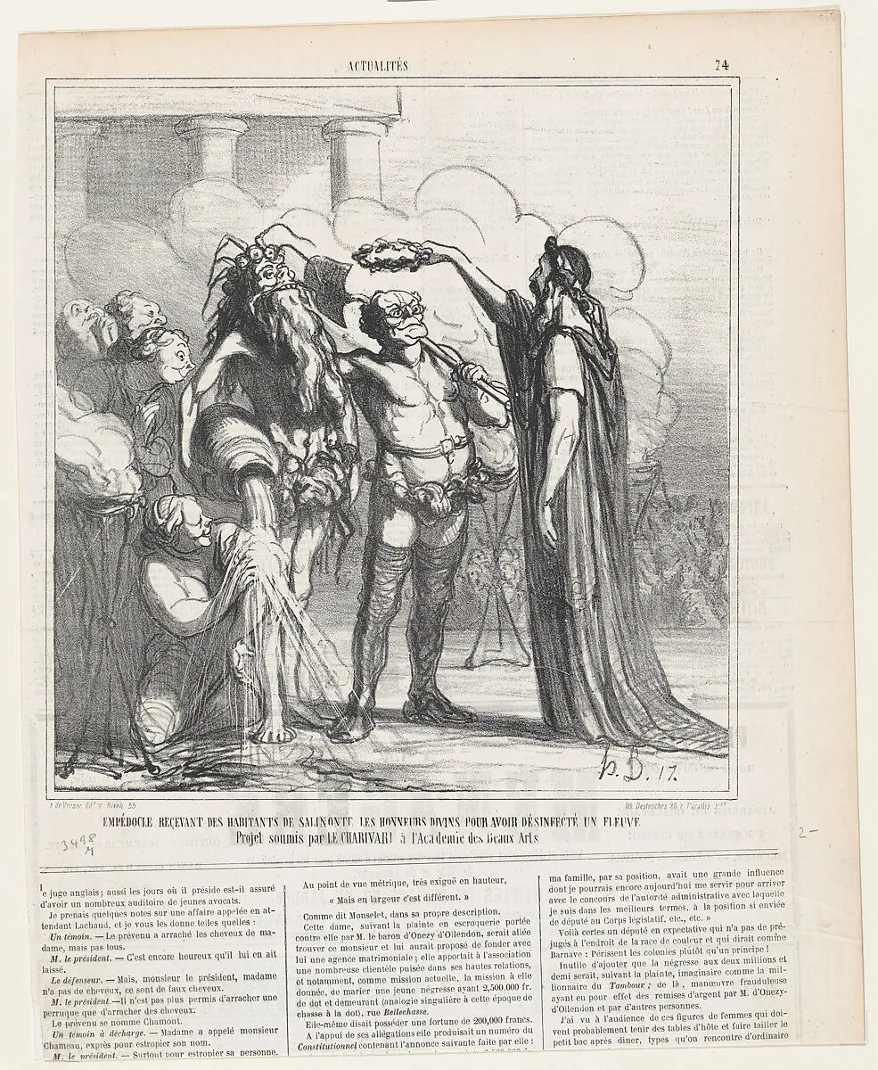 Empedocles receiving the divine honors from the inhabitants of Salinonte for having a river purified: Project proposed b the Charivari to the Academy of Fine Arts, from 'News of the day,' published in Le Charivari, May 1, 1866 — Destouches|Arnaud de Vresse|Honoré Daumier