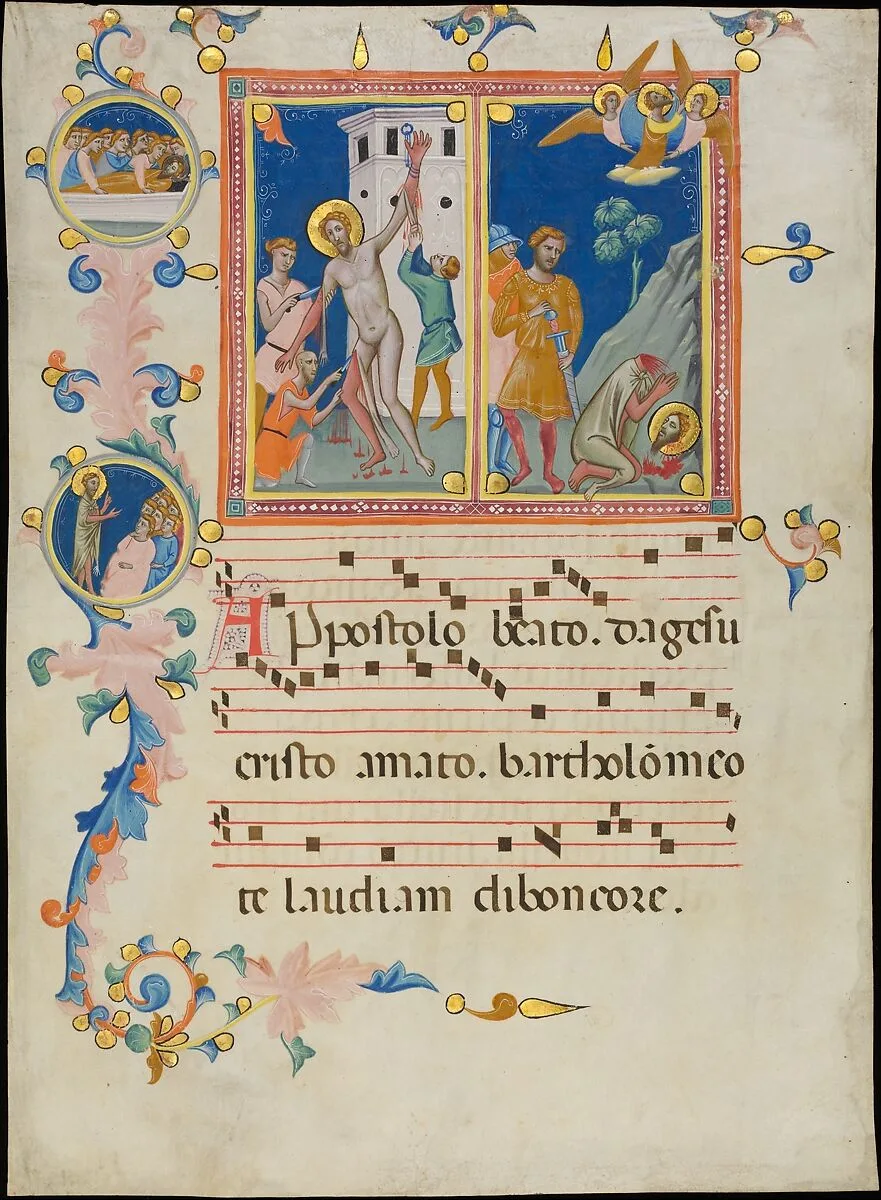 Manuscript Leaf with the Martyrdom of Saint Bartholomew, from a Laudario — Pacino di Bonaguida