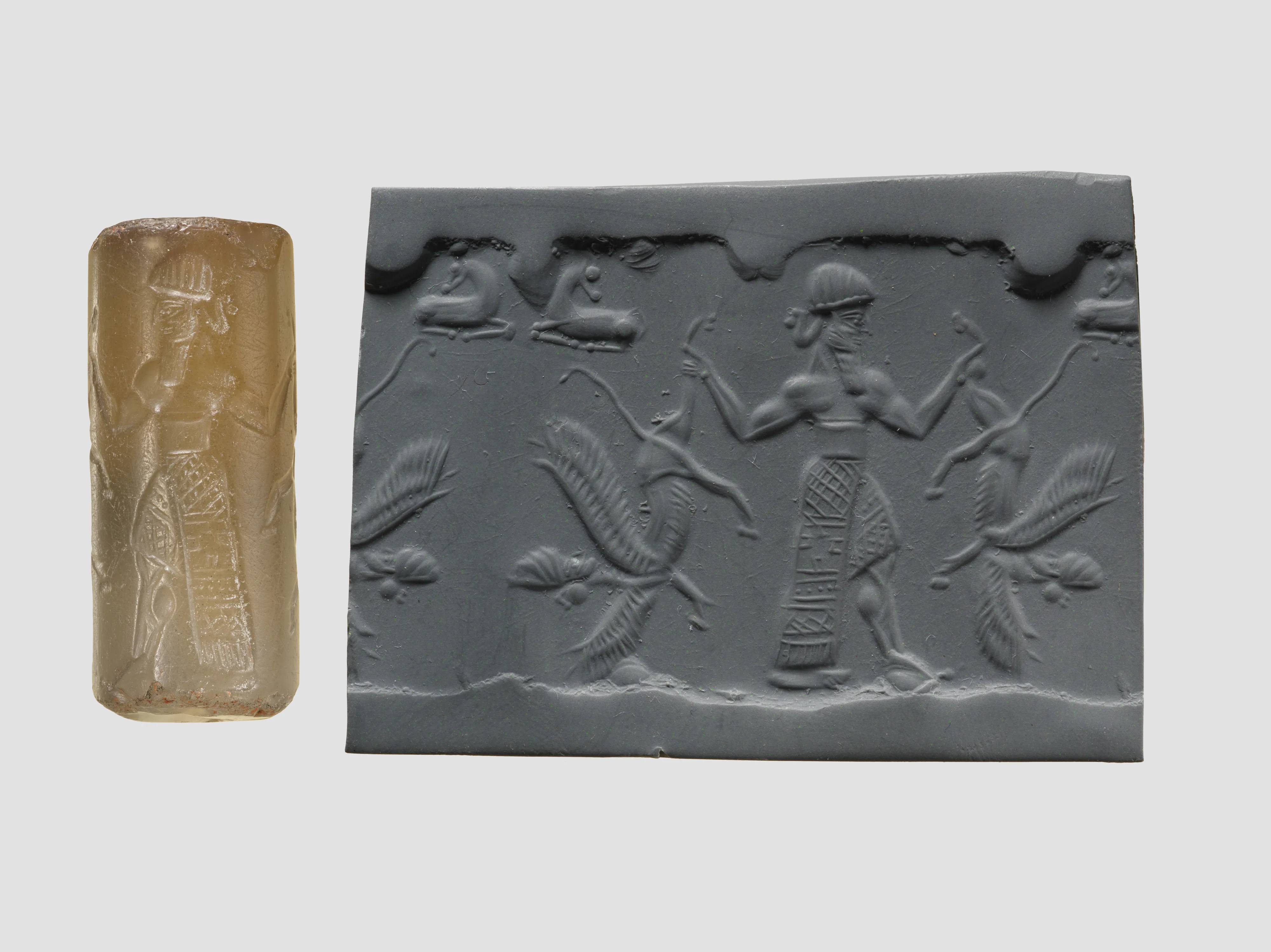 Cylinder seal with three-figure contest scene — Unknown