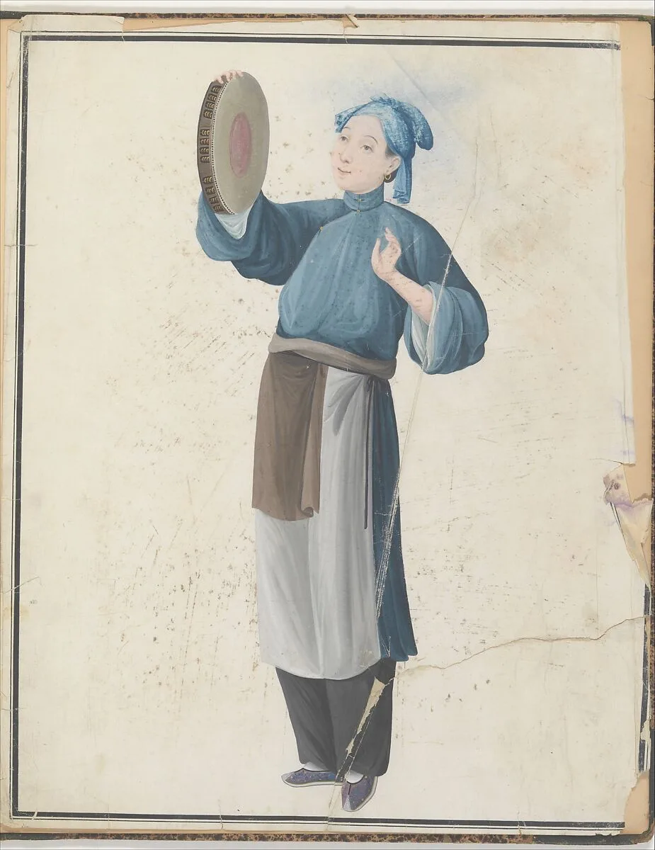 Watercolor of musician playing frame drum — Unknown