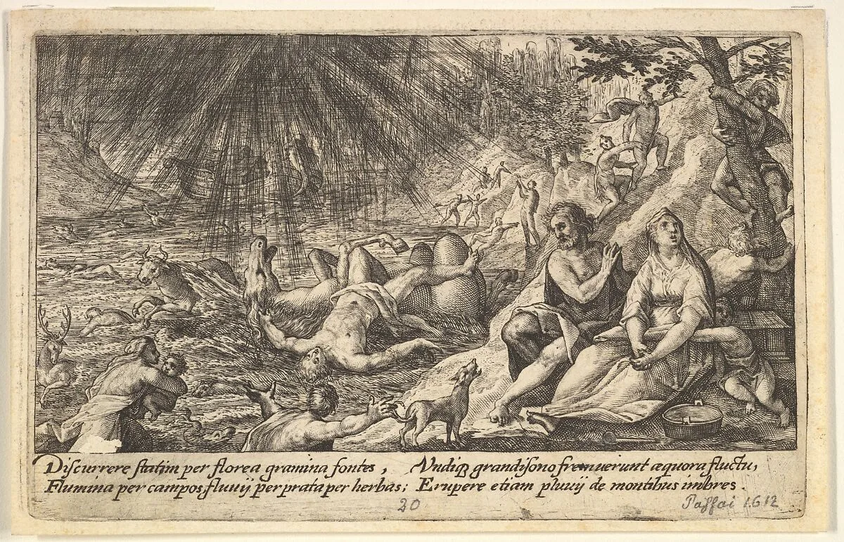 The beginning of the Flood: men and women climb to higher ground at right, water overtaking animals and people at left, Noah's Ark beyond, from "Liber Genesis" — Crispijn de Passe the Elder