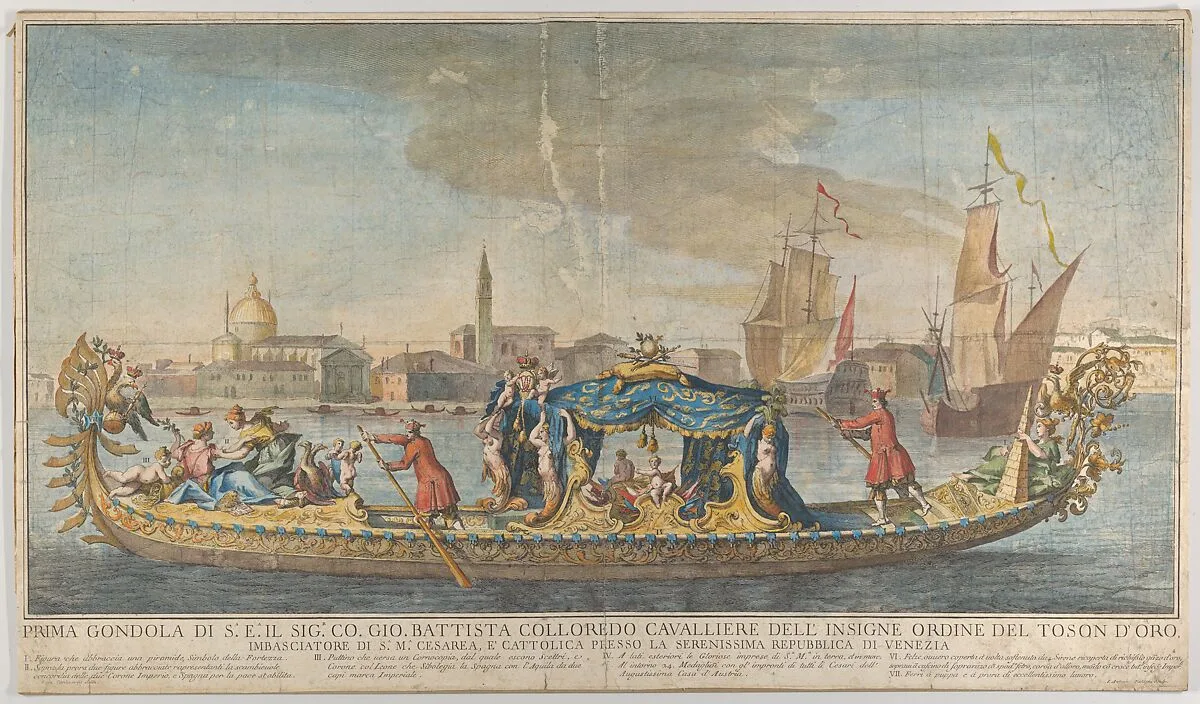 The highly ornamented first gondola of Ambassador Giovanni Battista Colloreado entering Venice — Luca Carlevaris|Giovanni Antonio Faldoni