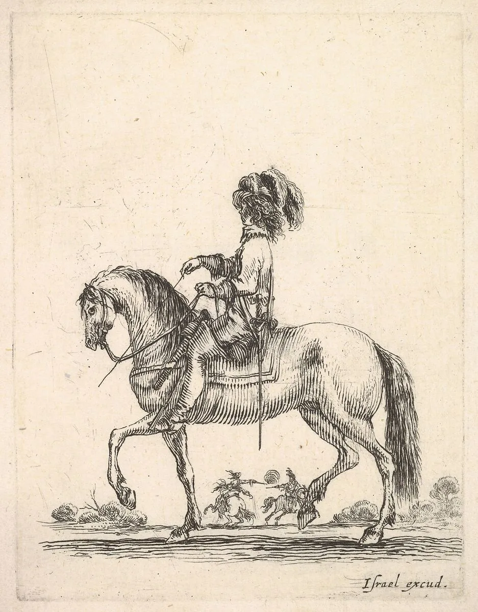 A horseman in profile walking to the left, two horsemen duel with pistols in the background, from 'Various cavalry exercises' (Diverses exercices de cavalerie) — Stefano della Bella|Israël Henriet