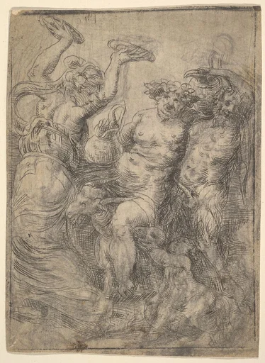 Bacchic revel with Silenus in the centre riding a goat