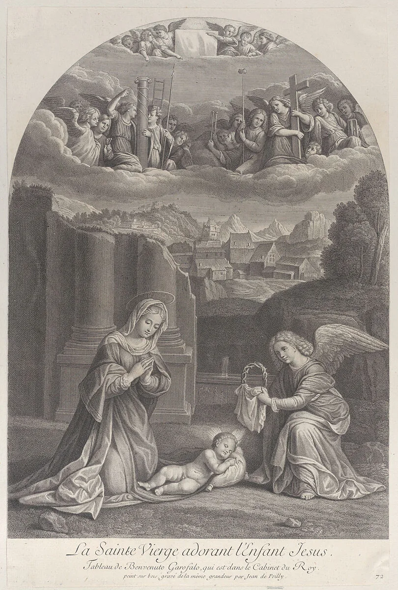 The Virgin Mary adoring the Christ child, an angel holding a crown of thorns at right — Garofalo (Benvenuto Tisi da Garofalo)|Frédéric Horthemels