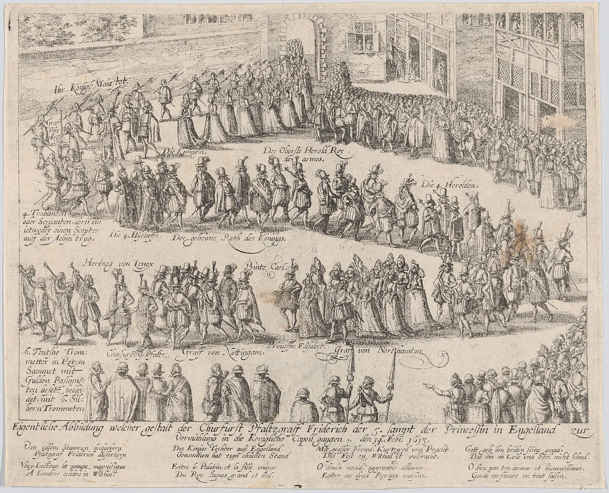 Marriage procession for the wedding of Elizabeth Stuart, daughter of James I, and Frederick V, Elector Palatine, 14 February, 1613 — Princess Elizabeth Stuart (later Queen of Bohemia)|Frederick V, King of Bohemia|Charles I, King of England, Scotland, Wales and Ireland|Abraham Hogenberg