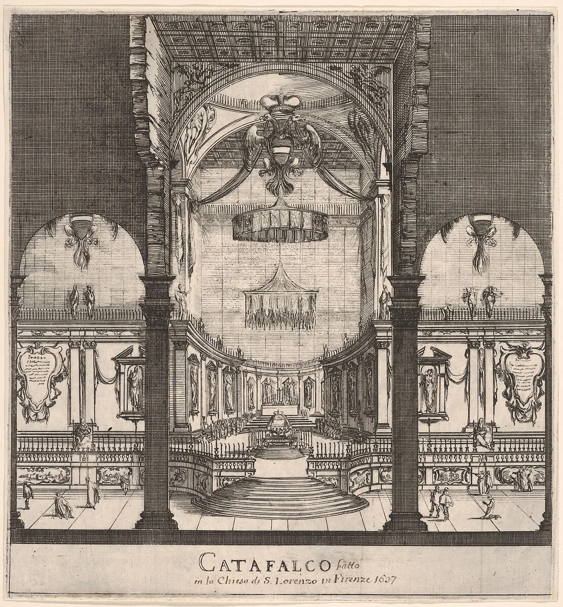 The tomb of Ferdinand II at center in the background within the choir of the church, three arches in center foreground, Austrian coat of arms hung in center arch, from 'Ceremonies for the Funeral of Emperor Ferdinand II' (Funérailles de l'empereur Ferdinand II) — Stefano della Bella