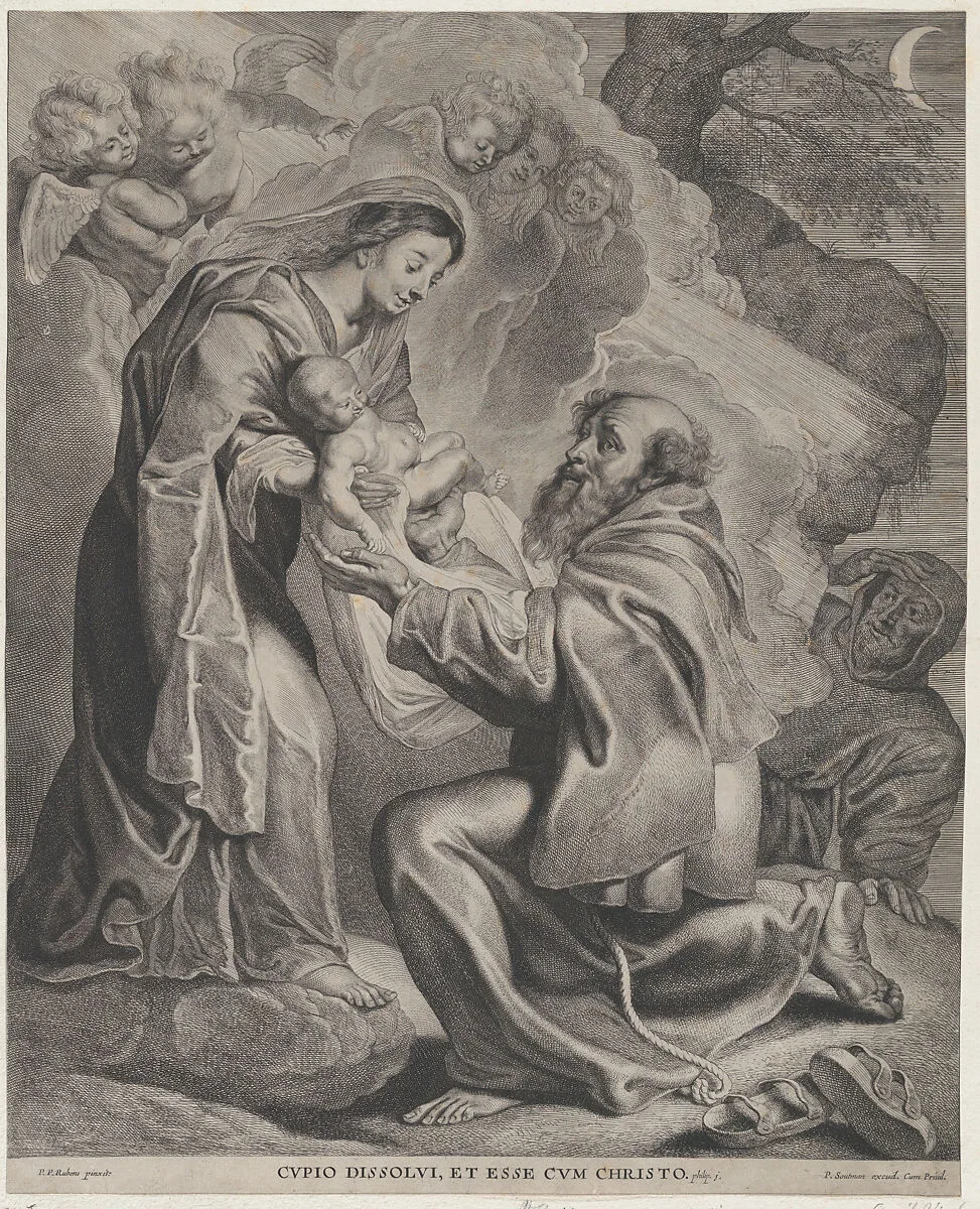 The Vision of Saint Francis, kneeling at right, receiving the Christ child from the Virgin Mary — Cornelis Visscher|Peter Paul Rubens|Pieter Soutman
