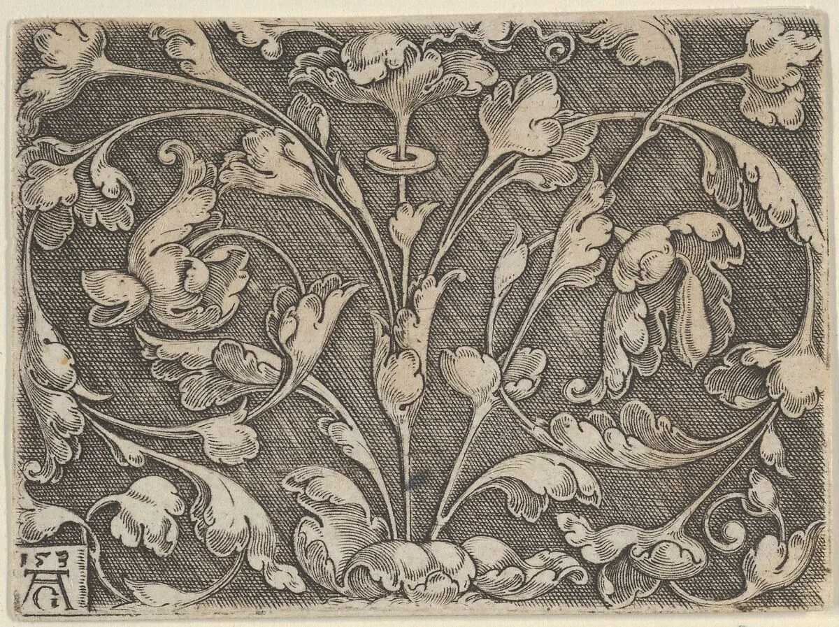 Horizontal Panel with Scrolling Tendrils Growing from Center — Heinrich Aldegrever