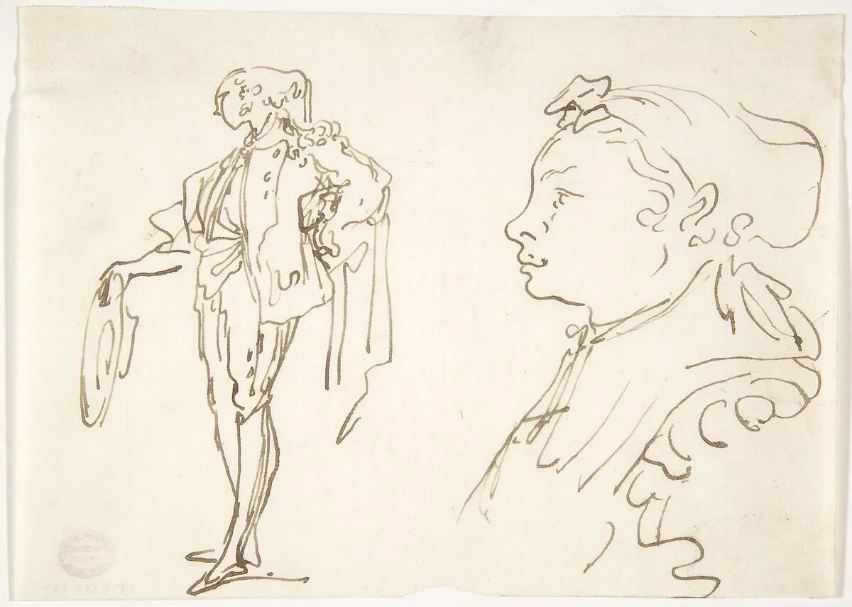 Studies of a Standing Man Holding a Hat and Profile of a Girl Looking Left — Luis Paret y Alcazar