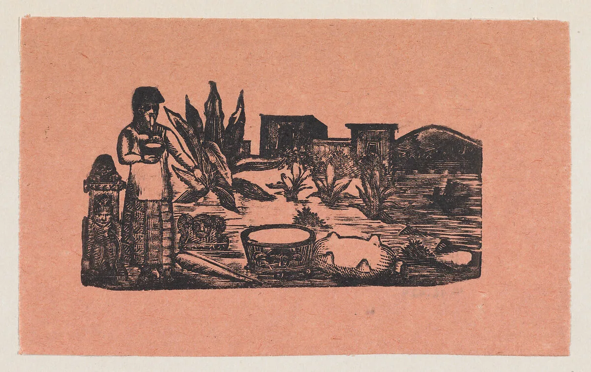 A woman standing in the countryside pointing to a tub of water — José Guadalupe Posada|Manuel Manilla