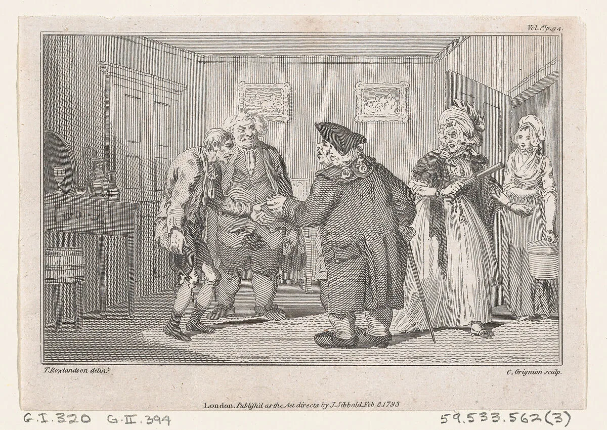 The First Meeting of Matthew Bramble and Humphry Clinker, an illustration from Tobias Smollett's "The Expedition of Humphry Clinker" (London, 1793), Vol. 1. 1793 — James Sibbald|Charles Grignion, I|Thomas Rowlandson