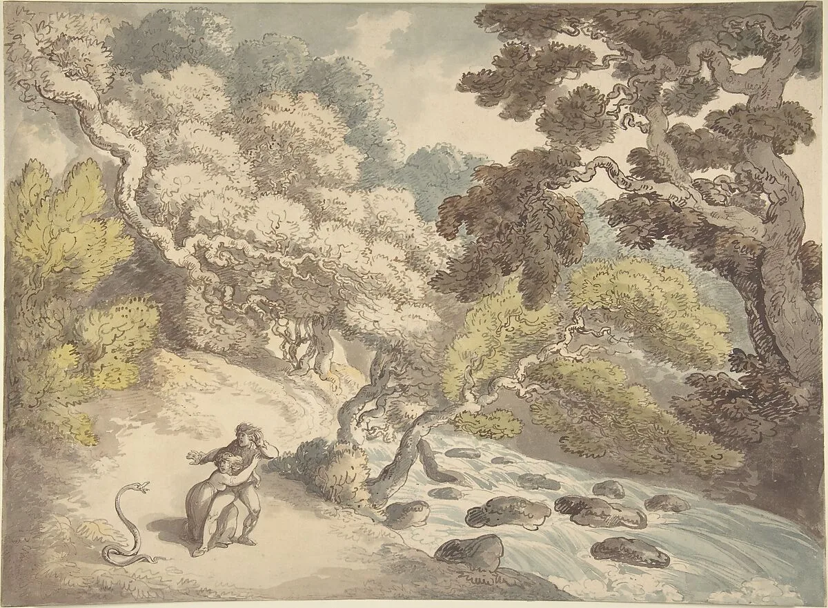 Landscape with rushing stream and a couple on the bank, frightened by a snake — Thomas Rowlandson
