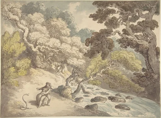 Landscape with rushing stream and a couple on the bank, frightened by a snake